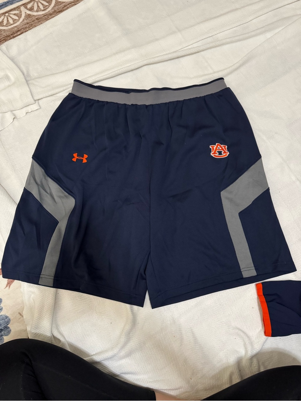 Under Armour Navy Shorts with Gray Panels and Orange Accents